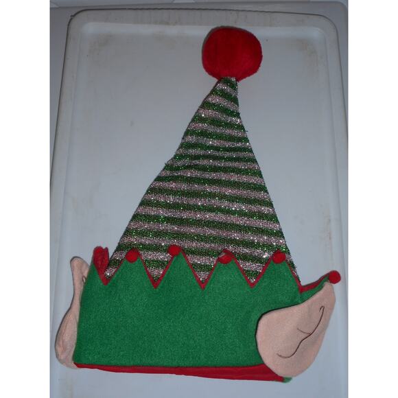 Christmas Elf Hat Silver and Green Tinsel Stipes with Ears 17" by Merry Brite - Picture 2 of 2